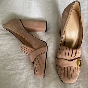 Gucci Marmont suede heels with fringe new with tags never worn only tried on